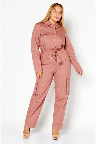 NA-KD Women Spread Collar Long Sleeves Solid Belted Jumpsuit, Dark Blush