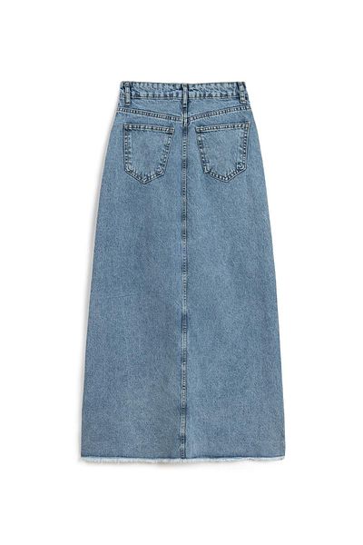 praye Fusta albastră lungă din denim - cu ciucuri și spălare pe zăpadă