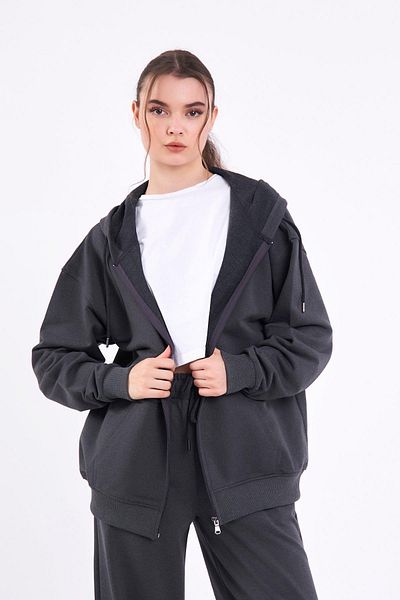 COMEOR Anthracite Kangaroo Pocket Hooded Zip-Up Oversize Women's Sweatshirt Cmrb73-Anthracite