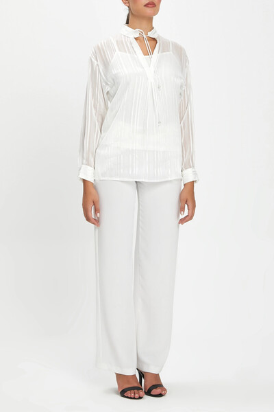 SERPİL Çizgili Önden Bağlamalı Hakim Yaka Kol Ucu Düğme Taş Detaylı Ekru 40251