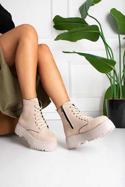 ShoeTek Clarisse Γυναικείες Μπότες Lace-Up Beige Suede