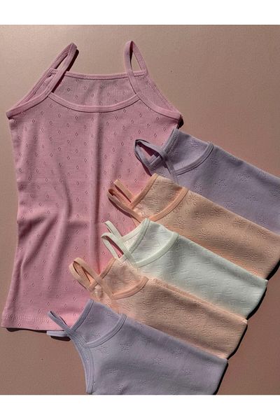 VicTroy Cotton, 6 Pieces of String Straps, Patterned Perforated Knitted Girls' Tank Top