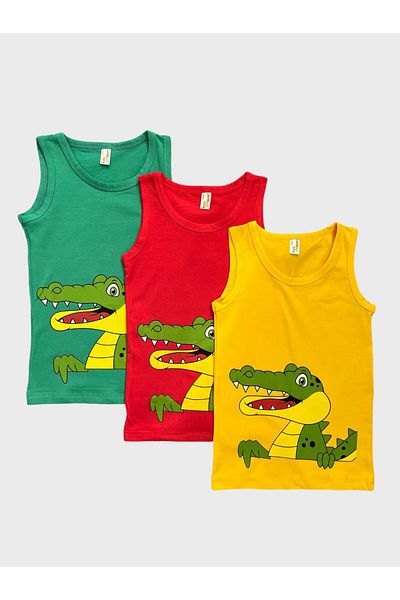 elmas kids Boys' Cotton Red Green Yellow Crocodile Patterned 3-Piece Undershirt