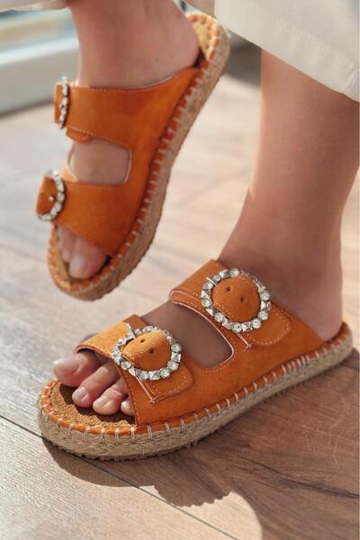 I Love Shoes Πορτοκαλί Cosin Suede Γυναικείες Παντόφλες - Λεπτομέρεια από πέτρα