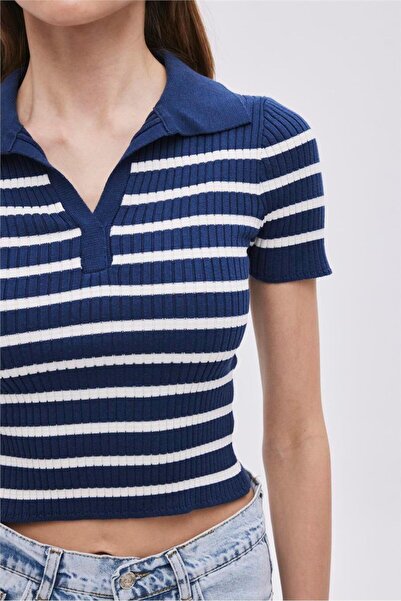 SHERIN Navy Blue Polo Collar Striped Knitwear Sweater