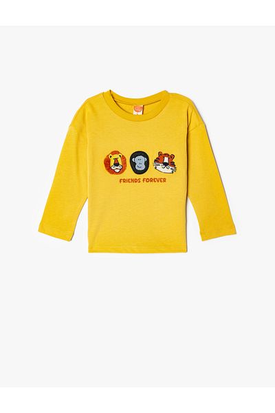 Koton Animals Printed Cotton Long Sleeve T-shirt - Crew Neck