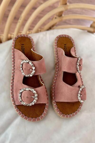 I Love Shoes Γυναικείες παντόφλες Cosin Suede σε χρώμα πούδρα - Λεπτομέρεια από πέτρα