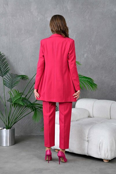 nodilife Saten Yaka Kruvaze Ceketli Kadın Takım Elbise Fuşya