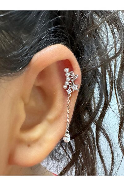 Arescollection İncili Yıldız Inci Sallantılı Zincirli 1 Adet Helix Kıkırdak L...