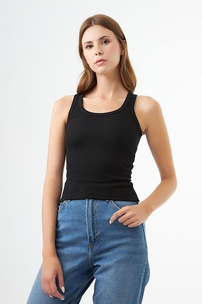 Cottonhill Black Cotton Thick Strap Corded Women's Tank Top