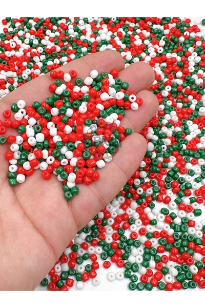 Ebruli Boncuk 4mm Yılbaşı Kırmızı Beyaz Yeşil Boncuk Takı Aksesuar Bead (50 Gr)