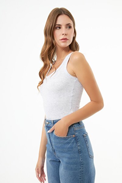 Cottonhill Gri Pamuklu Kalın Askılı Fitilli Kadın Atlet