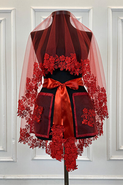 ZEYMERADE Kırmızı Gelin Duvak Seti, Güpürlü Ve İnci Süslemeli Kına Gecesi Duv...