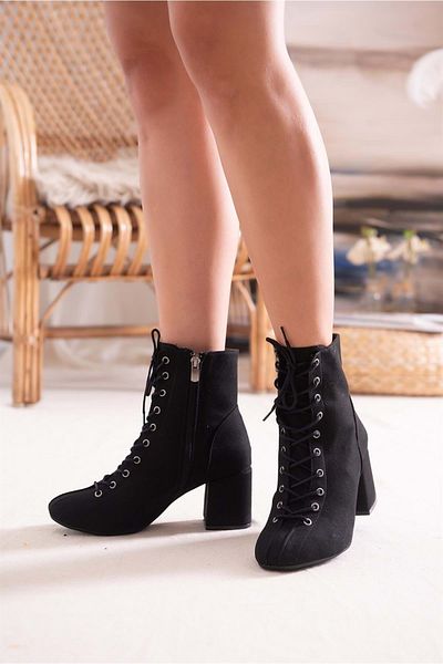 Kids Club Shoes Γυναικείες μπότες με κορδόνια με κοντό τακούνι - BLACK-SUEDE Kocamanlar