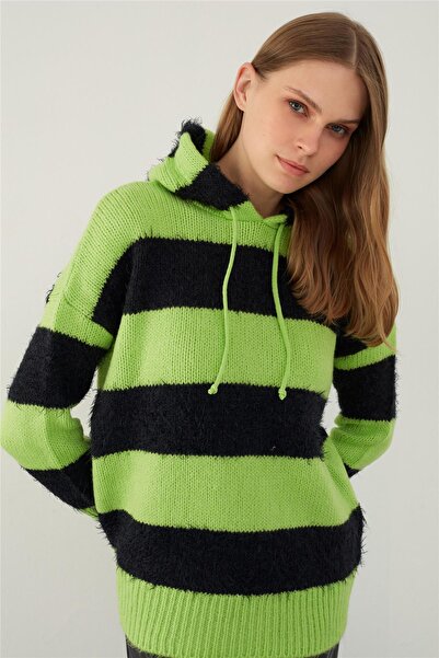 SHERIN Pulover cu glugă verde neon din tricotaje cu dungi