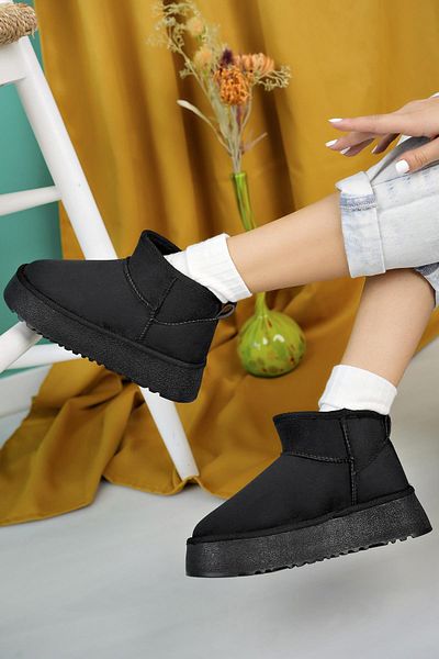 Aymood Women's Black Suede Ankle Boots with Hairy Thick Sole Shoes