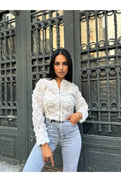 HARMONY GLOBAL Jachetă scurtă din țesătură din tul cu design trandafir 3D alb pentru femei 7016