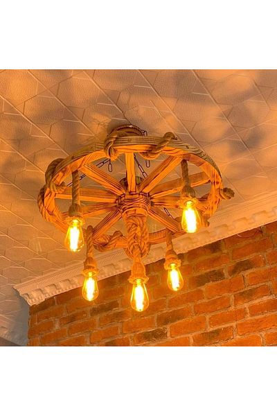 Otantik Çarşı Ahşap Halatlı Teker Avize 70 Cm. 5'li K06 Serbest Sarkıtlı