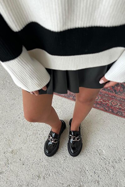 STRASWANS Rens Women's Thick Sole Patent Leather Loafer Shoes Black