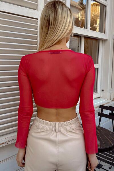 Swist Pembe Kolları Tül Asimetrik Bağlamalı Kadın Crop Top