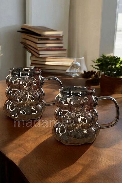 Madamev 4-Piece Smoked Handle Grape Grain Bead Shaped Glass Cup 350ml Heat Resistant Coffee Presentation Cup