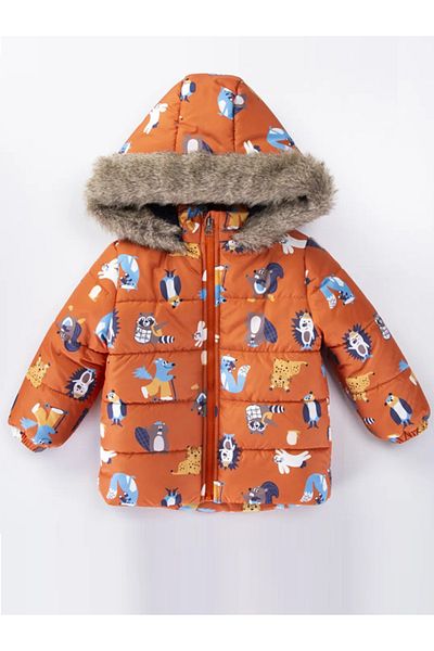 MDM Raccoon and Mole Patterned Baby Boy Coat - Zippered, Gilded Hood, Plush Inflatable Inside
