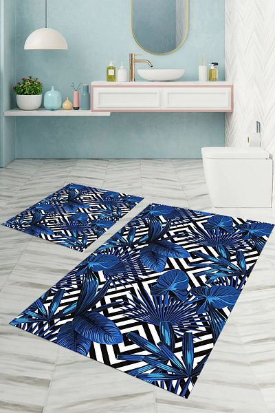 Napoli Home Set de scaune de toaletă cu model floral clasic lavabil imprimat digital, WC-60-BLUE,
