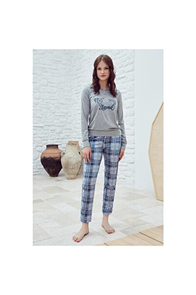 Eros Pamuk O Patlı Altı Ekose Uzun Kol Pijama Takımı