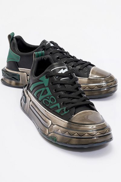 MARCOMEN Ανδρικό Sneaker - Χοντρή σόλα, κορδόνια, γνήσιο δέρμα, MC 20036, ΜΑΥΡΟ/ΠΡΑΣΙΝΟ