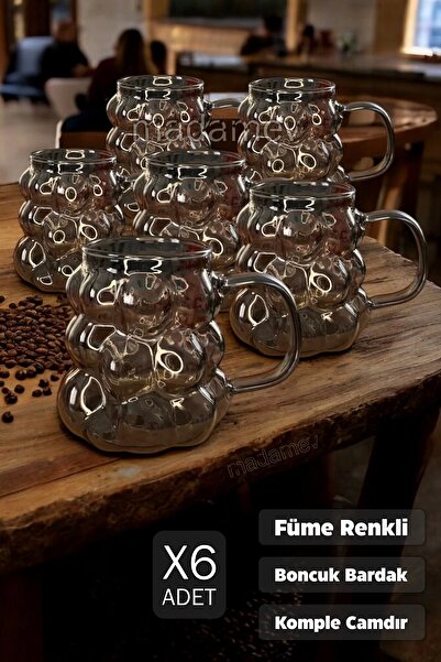 Madamev 6-Piece Smoked Handle Grape Grain Bead Shaped Glass Cup 350ml Heat Re...