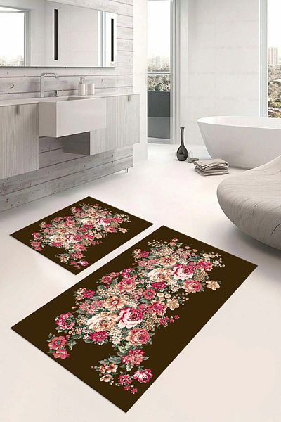 Napoli Home Set de scaune de toaletă cu covoraș de baie cu model floral colorat lavabil imprimat digital, WC-66-BROWN,