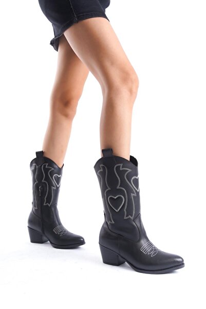 Bak Store White Heart Embroidered Black Leather Women's Western Boots - Zippered