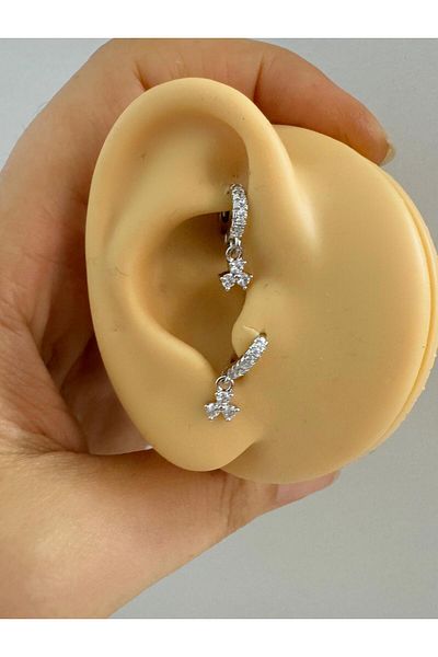 Arescollection 1 Piece 3 Stone Dangle Tragus Rook Compatible Minimal Ring Piercing Earring