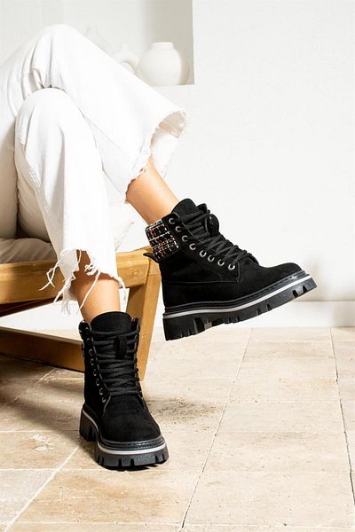 ShoeTek Sophie Women's Boots&bootie Plaid Knitwear Boots Black Suede
