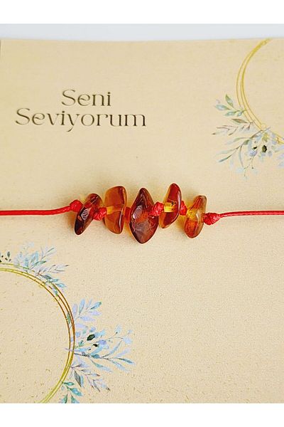 Kehribar Sarayı I Love You Amber Bracelet with Elevator Red String