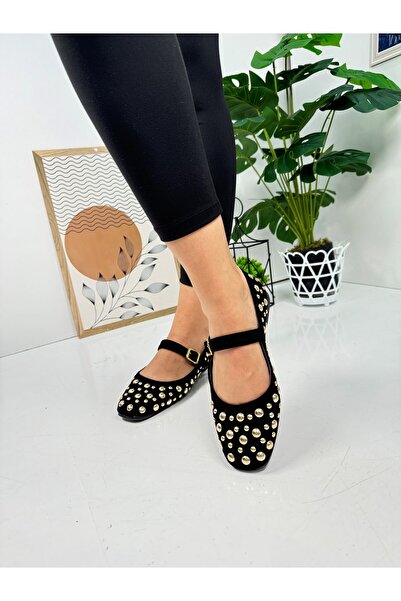 İmerShoes Daily Black Women's Flats Trock Single Band Gold Buckle Suede Serrated Sole Low Heeled Shoes 349