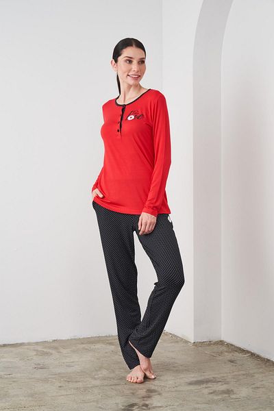PJS 24532 Red Cotton Long Sleeve Women's Pajamas Set