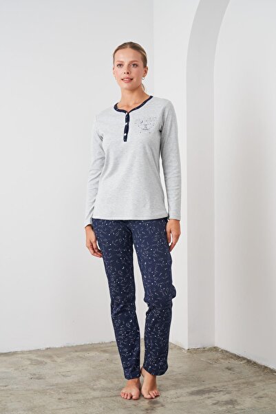 PJS 24543 Gri Pamuklu Uzun Kollu Kadın Pijama Takımı