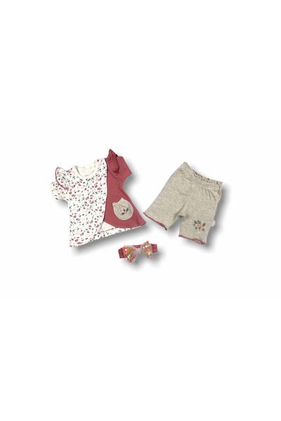 RUBY BOUTİQUE Angel Girl Embroidered Bandana Short Sleeve Sweatshirt Shorts 3 Piece Baby Girl Set Pomegranate Flower