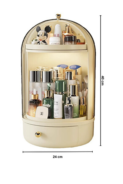 Piev House by House Glow Vitrin 360 Döner Standlı Çekmeceli Raflı Hazneli Makyaj Kozmetik Organizer