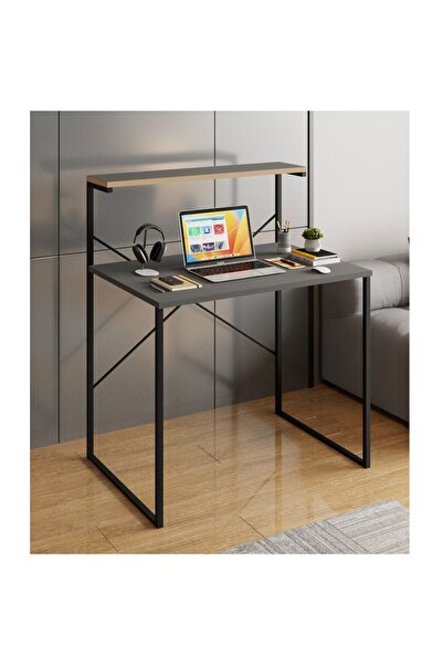 eportatif Raflı Çalışma Masası 60x90 Ofis Masası Ders Masası Çok Amaçlı Çalışma Masası Füme 1450