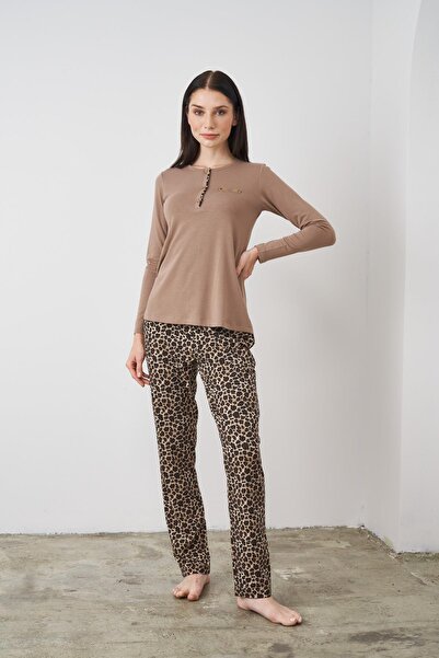 PJS 24512 Kahverengi Leopar Desenli Uzun Kollu Kadın Pijama Takımı