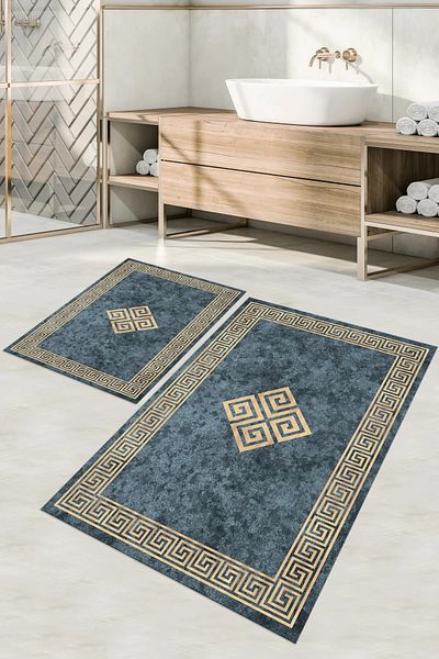 Napoli Home Set de scaune de toaletă pentru baie model clasic, lavabil, imprimat digital, cu cadru, KLOZET-54-ALBASTRU,
