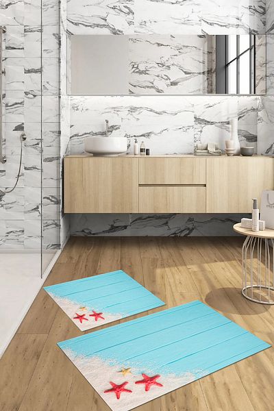 Napoli Home Digital Printed Washable Modern Starfish Bath Mat Toilet Set, Toilet-72-Turquoise,