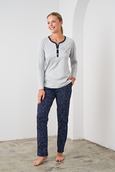 PJS 24543 Gri Pamuklu Uzun Kollu Kadın Pijama Takımı