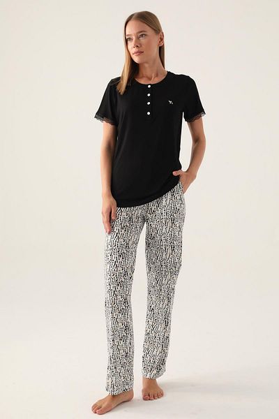 Arnetta 2898 Set de pijamale pentru femei din bumbac cu mâneci scurte, negru