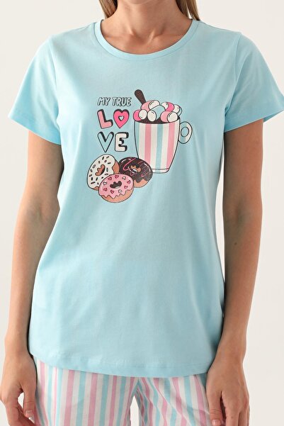 Arnetta 2887 Set pantaloni scurți pentru femei din bumbac albastru - mânecă scurtă