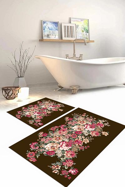 Napoli Home Set de scaune de toaletă cu covoraș de baie cu model floral colorat lavabil imprimat digital, WC-66-BROWN,