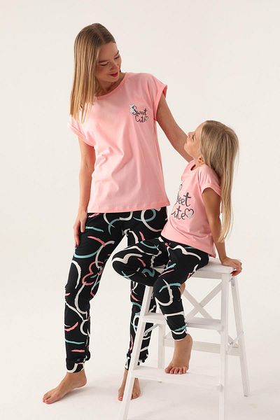 ROLY POLY 3399 Model - Pink Mother and Girl's Short Sleeve Cotton Pajama Set