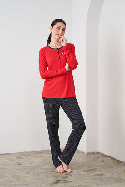 PJS 24532 Red Cotton Long Sleeve Women's Pajamas Set